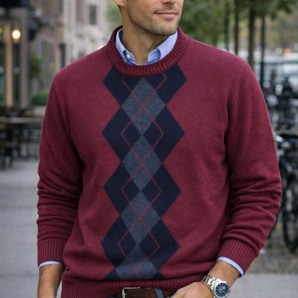 Fall Pure Cotton Saddlebred Men's Burgundy Argyle Sweatshirt
